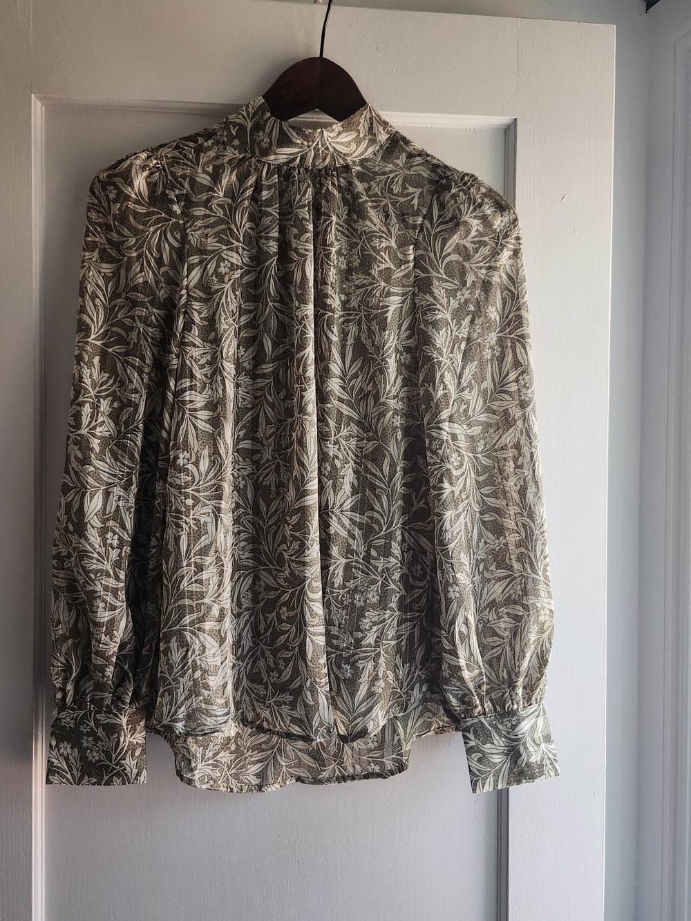 H&M Olive Green and Cream Floral Sheer Blouse